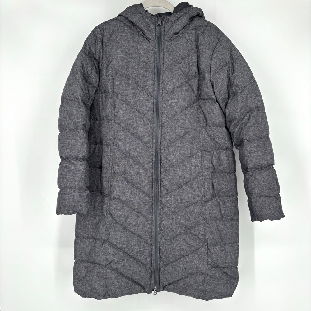 Lands End Gray Puffer Coat Sz S Hooded Down Feather Insulated Longline Winter